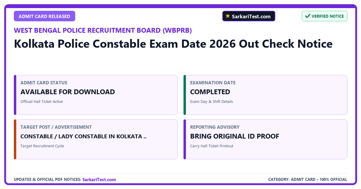 Kolkata Police Constable Exam Date 2026 Out Check Notice - SarkariTest.com Official Notification