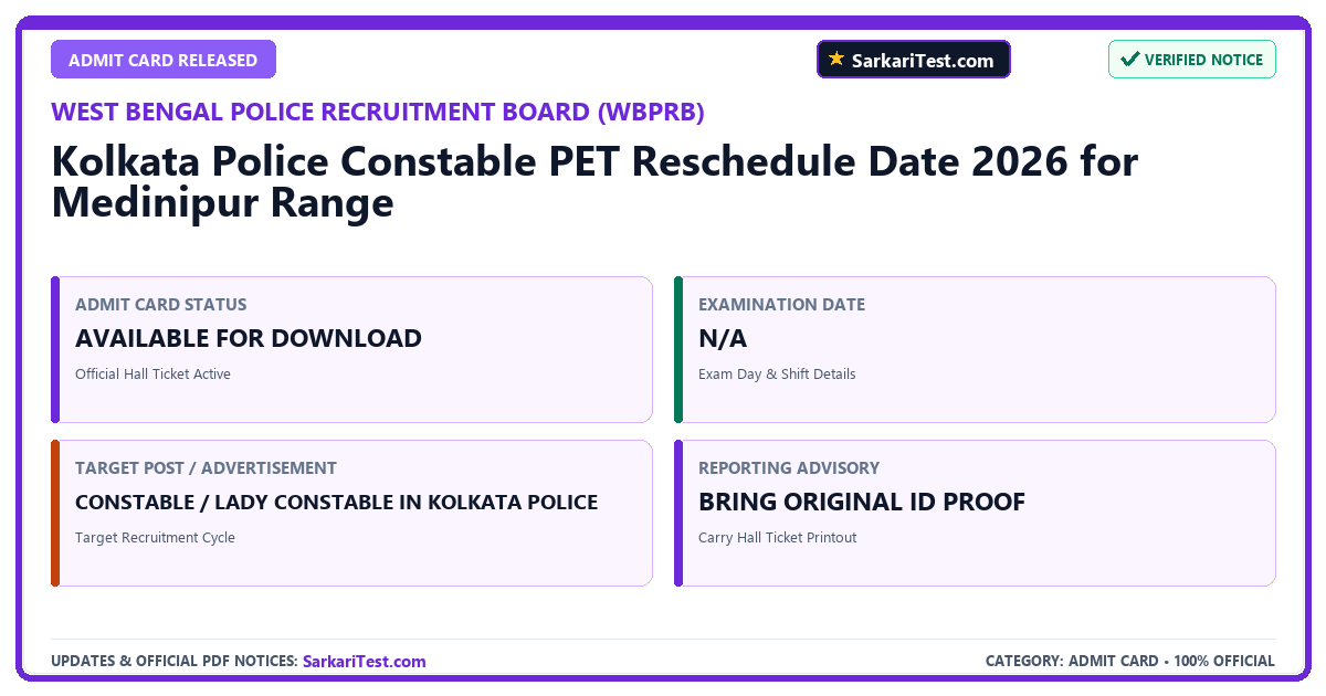 Kolkata Police Constable PET Reschedule Date 2026 for Medinipur Range - SarkariTest.com Official Notification