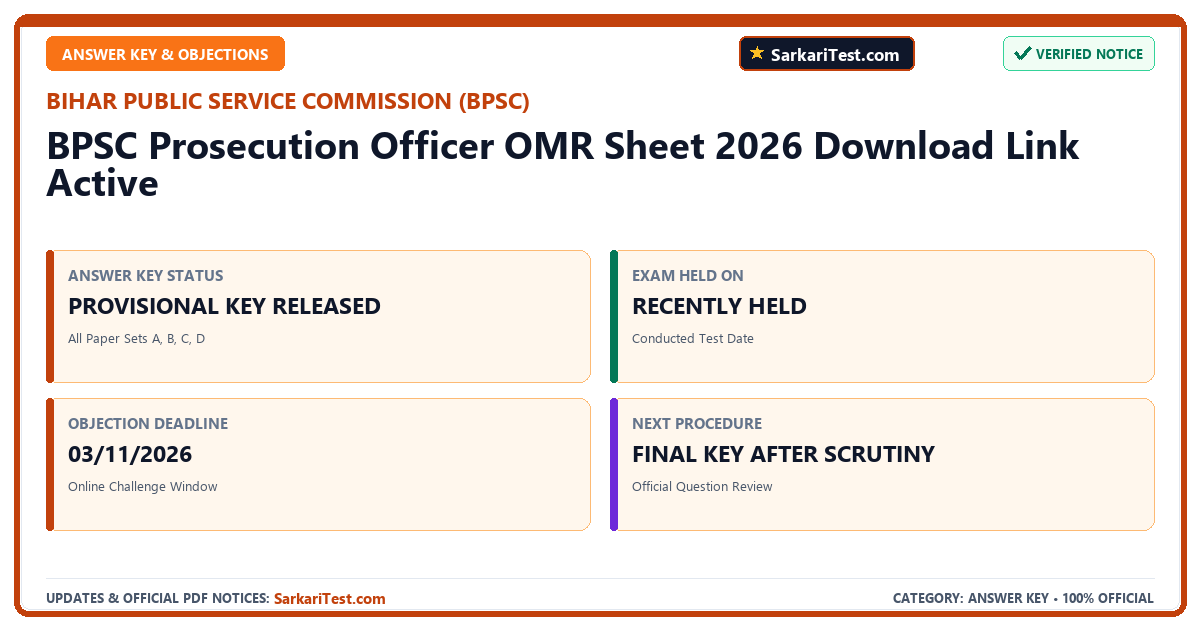 BPSC Prosecution Officer OMR Sheet 2026 Download Link Active - SarkariTest.com Official Notification